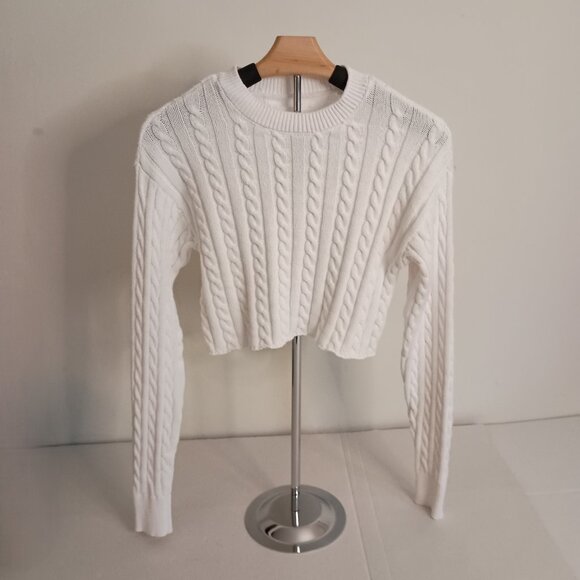 Aerie White Cable Knit Cropped Crew Neck Cotton Sweater Women’s Size XS - Picture 4 of 16